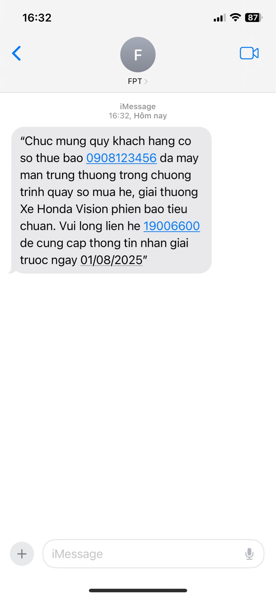 Tin nhắn SMS thông báo kết quả trúng thưởng